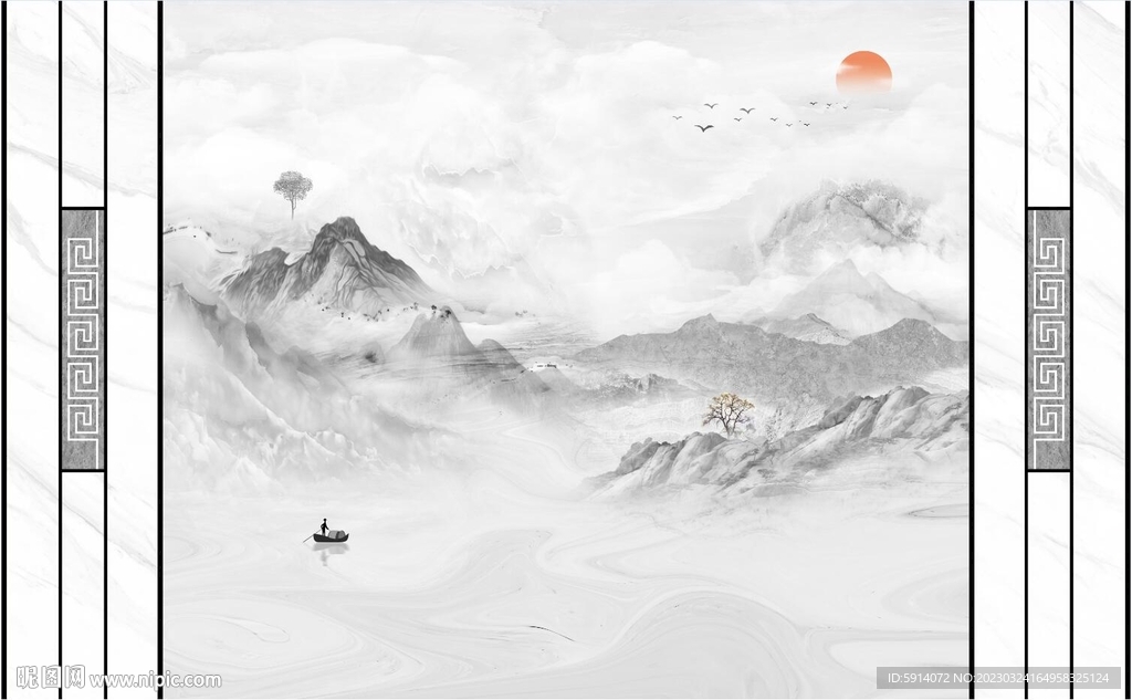 水墨山水画背景墙 装饰画 日出