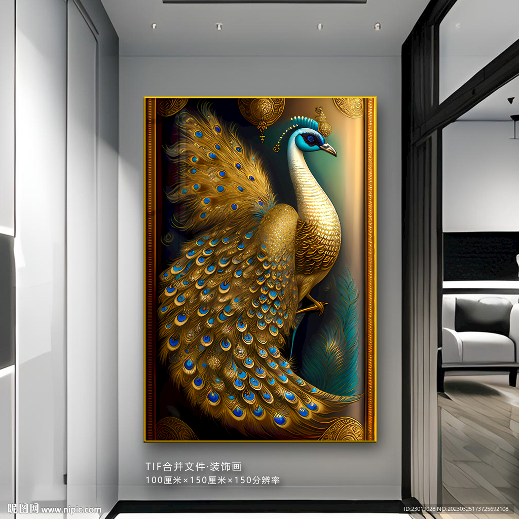 中式轻奢金色孔雀玄关画