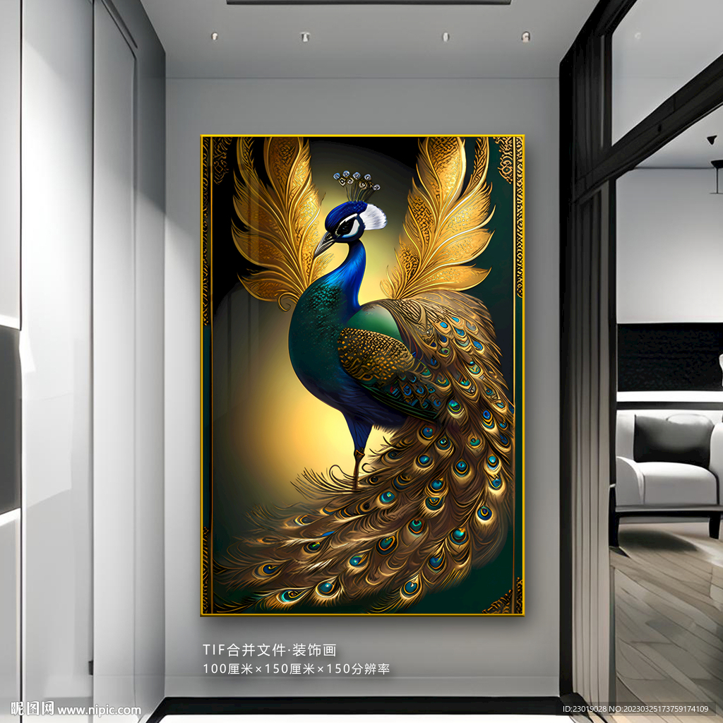 玄关轻奢金色孔雀玄关画