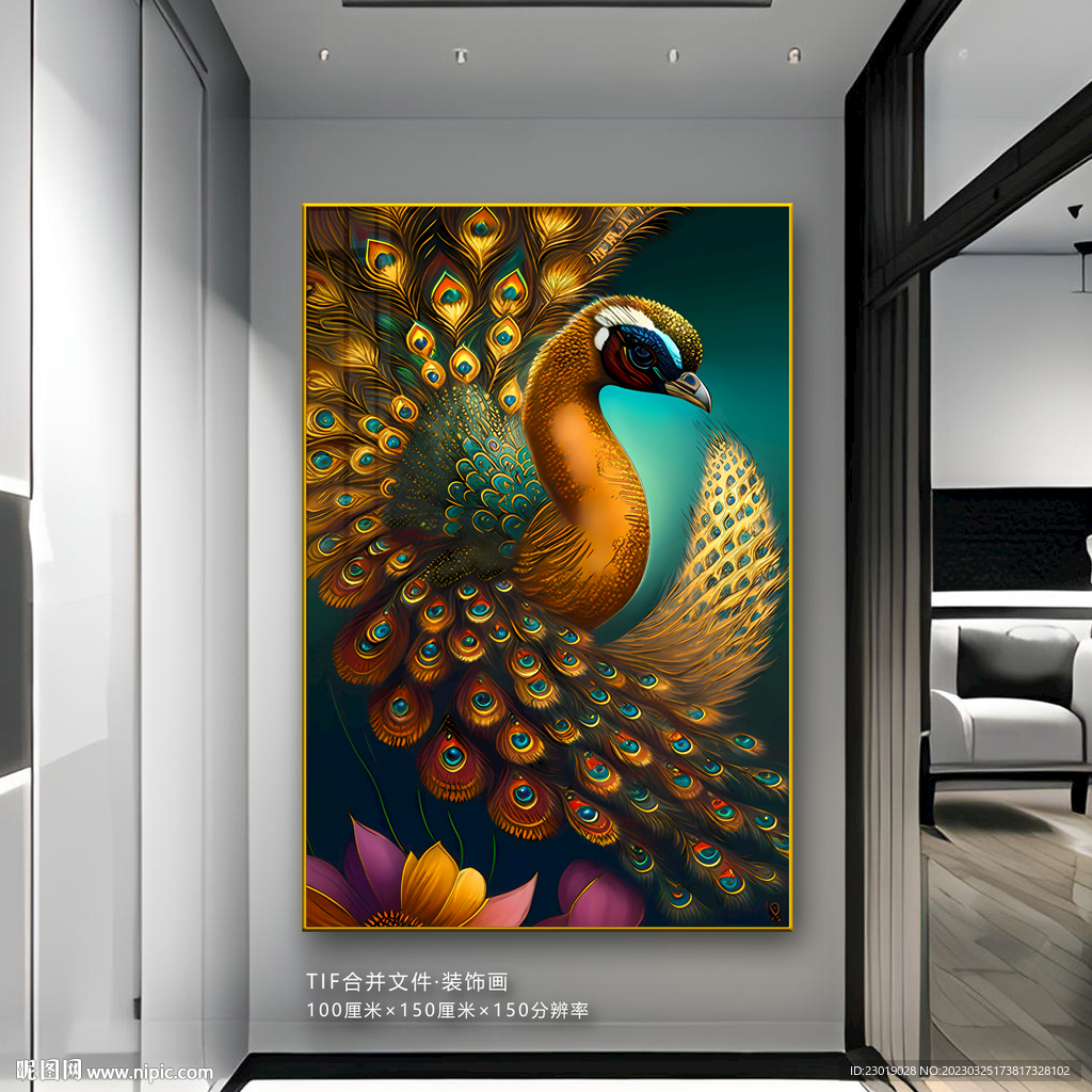 玄关金色孔雀玄关画