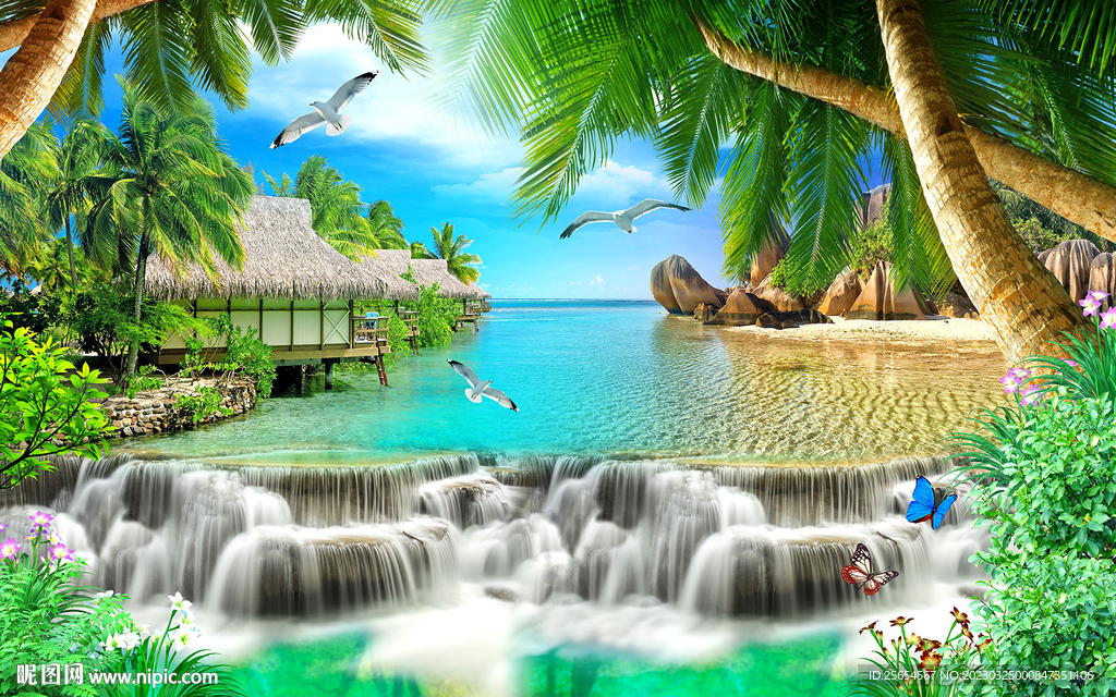 棷树林沙滩海景大海洋背景墙