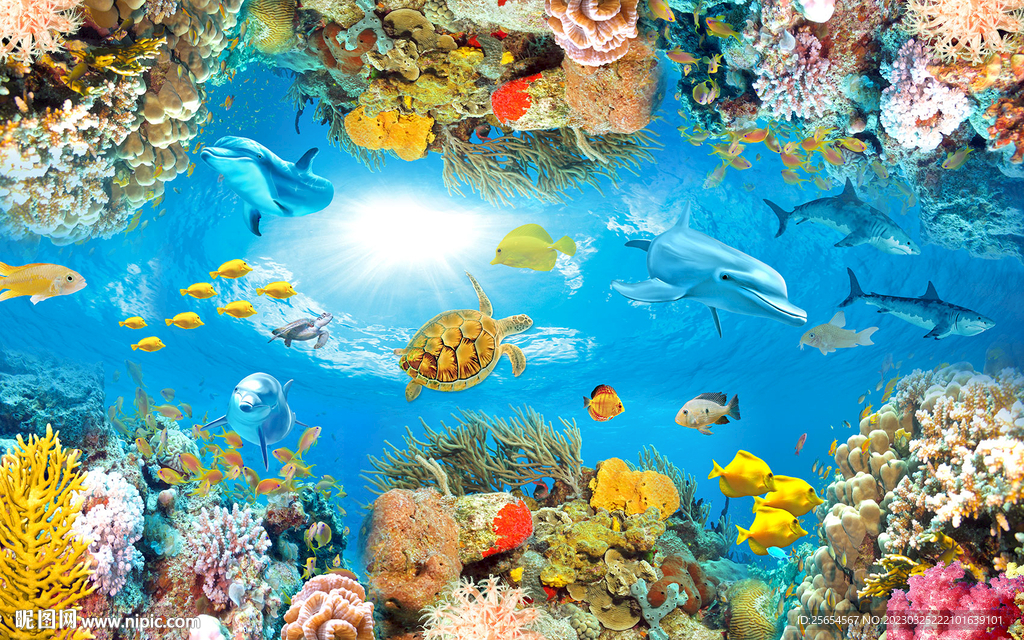 3D海底生物地板电视背景墙