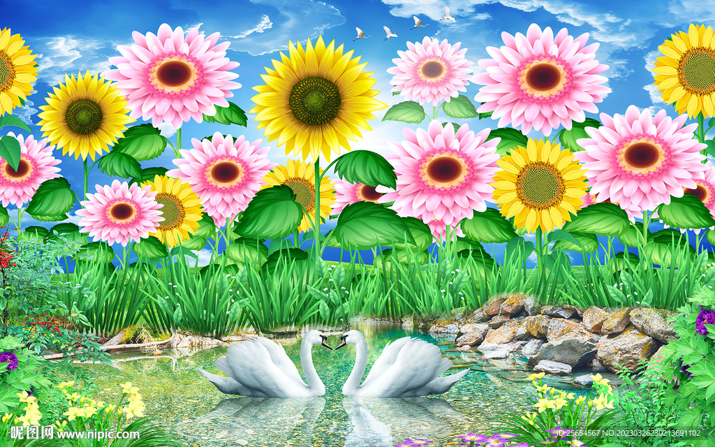 美丽向日葵池水背景墙