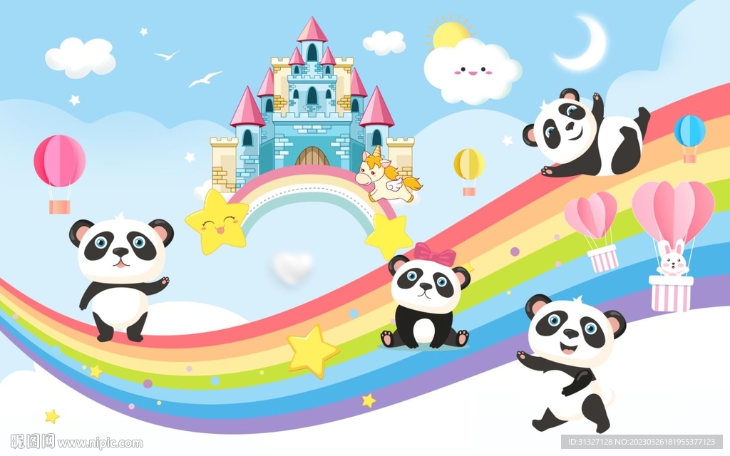 卡通动物熊猫儿童房背景墙图片