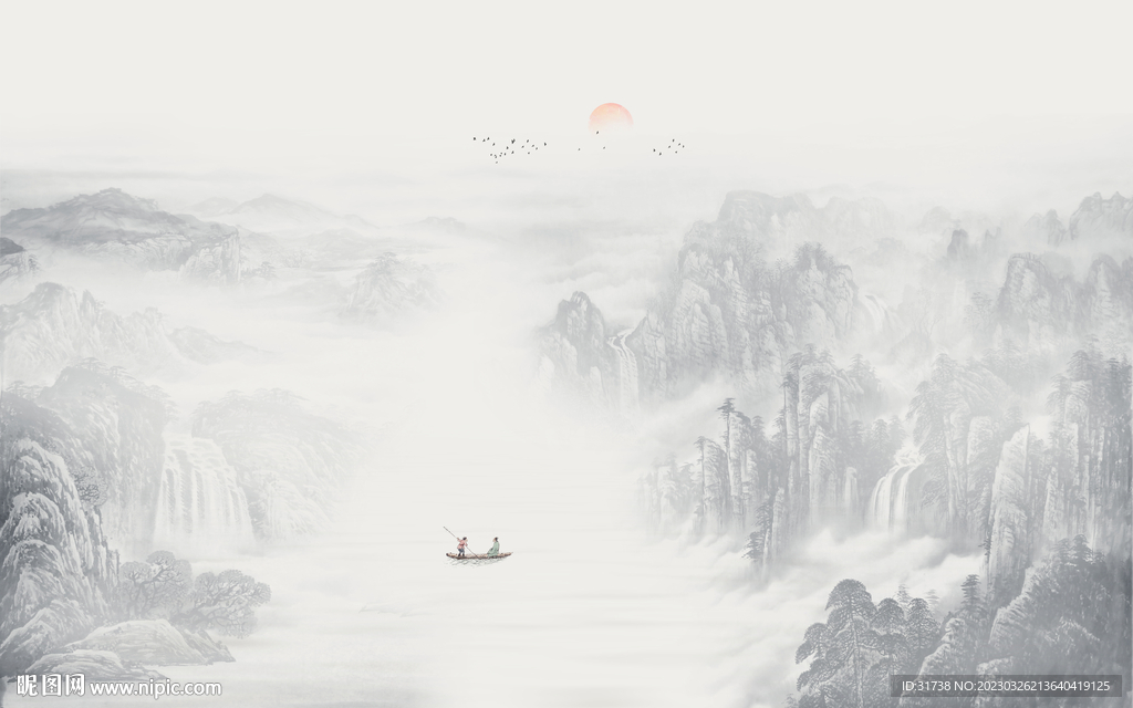 新中式国画山水电视背景墙