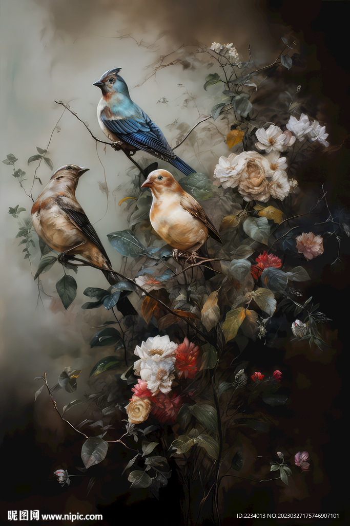 三只小鸟油画