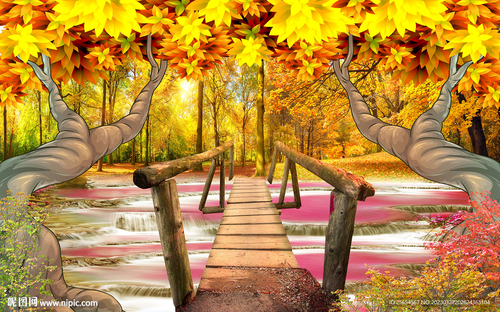 流水木桥树林3D立体背景墙