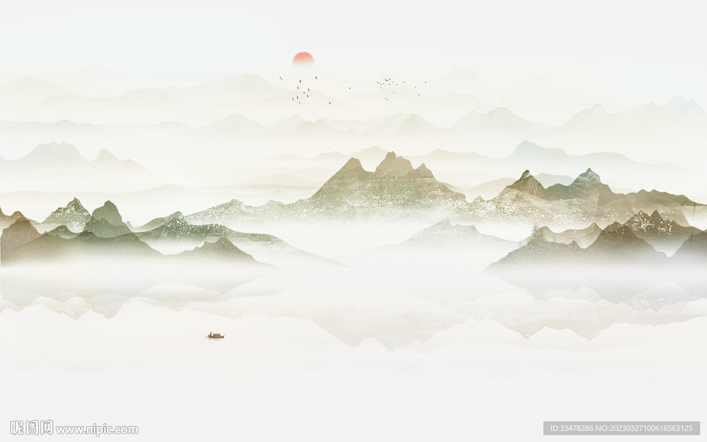 中式水墨山水画电视背景墙