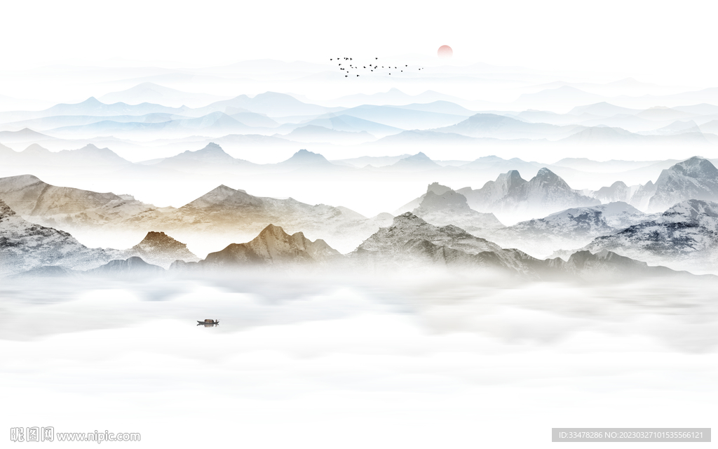 大理石中式水墨山水画电视背景墙