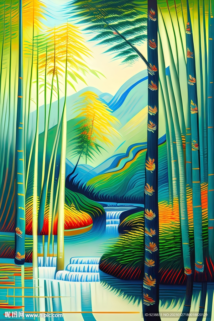 竹林油画