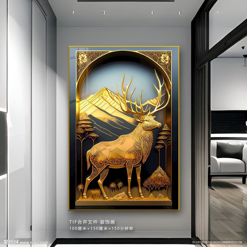 麋鹿新中式玄关壁画