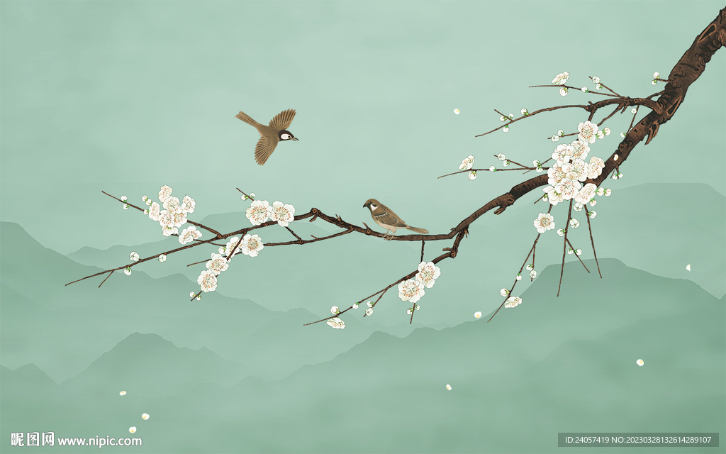 新中式工笔花鸟梅花背景墙装饰画