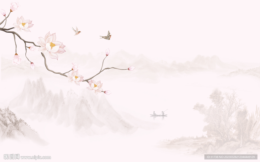 新中式玉兰花鸟画背景墙壁画