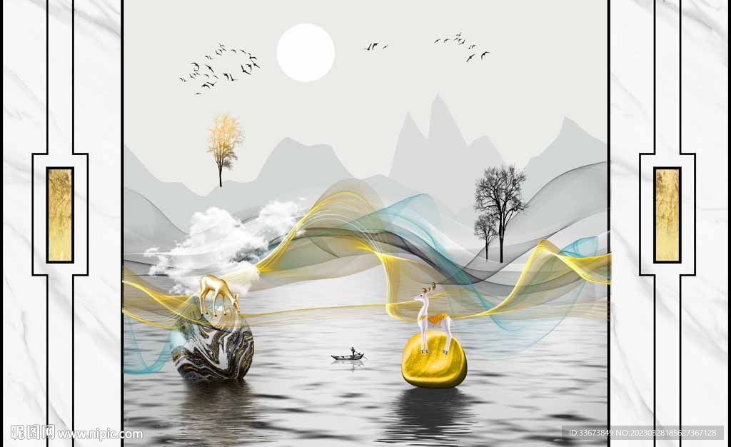 发财树小鹿背景墙