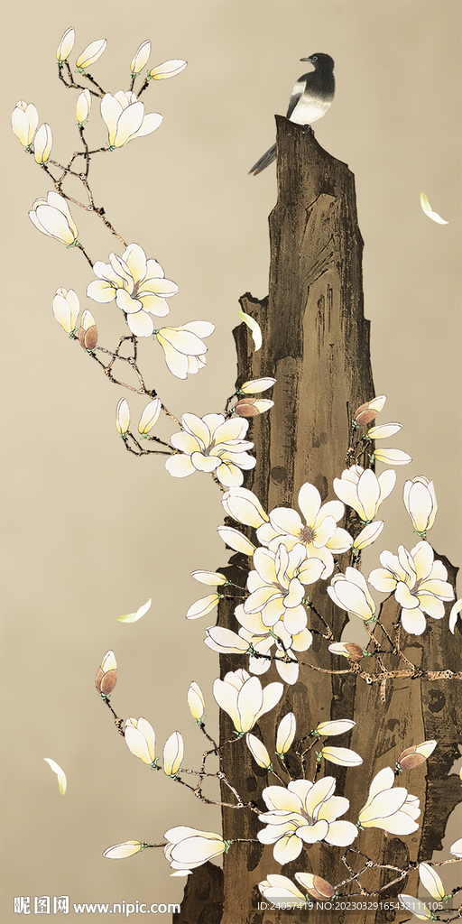 新中式工笔花鸟玉兰玄关装饰画