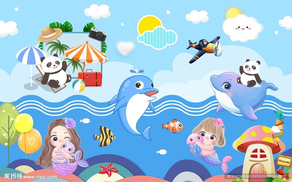 卡通鲸鱼海边儿童背景墙图片