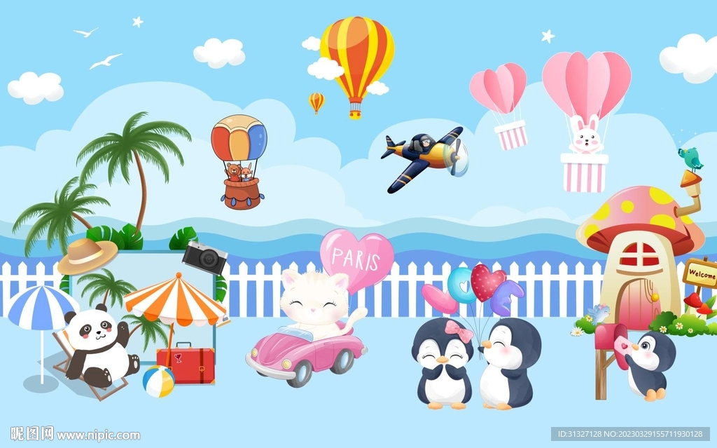 夏日海边卡通背景墙图片