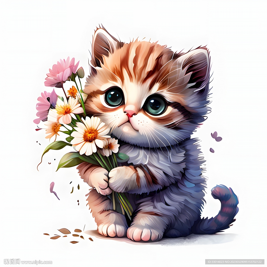 手拿鲜花的可爱小猫
