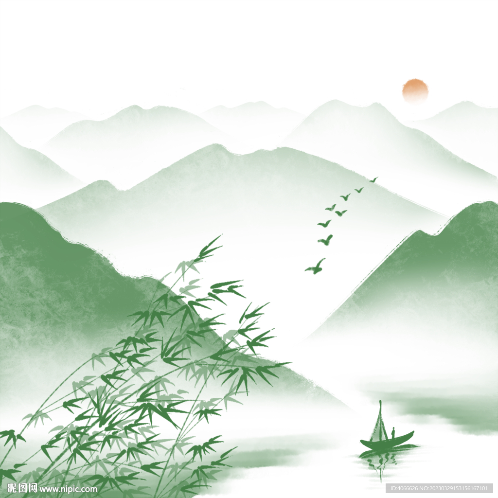 水墨远山渔船底纹