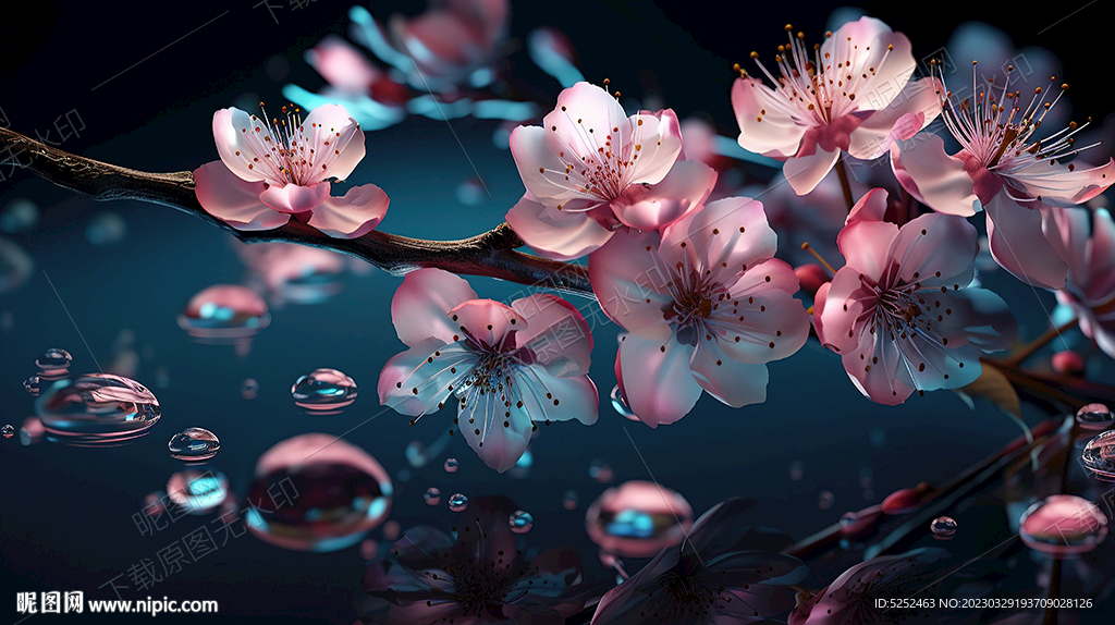 水面上的桃花枝