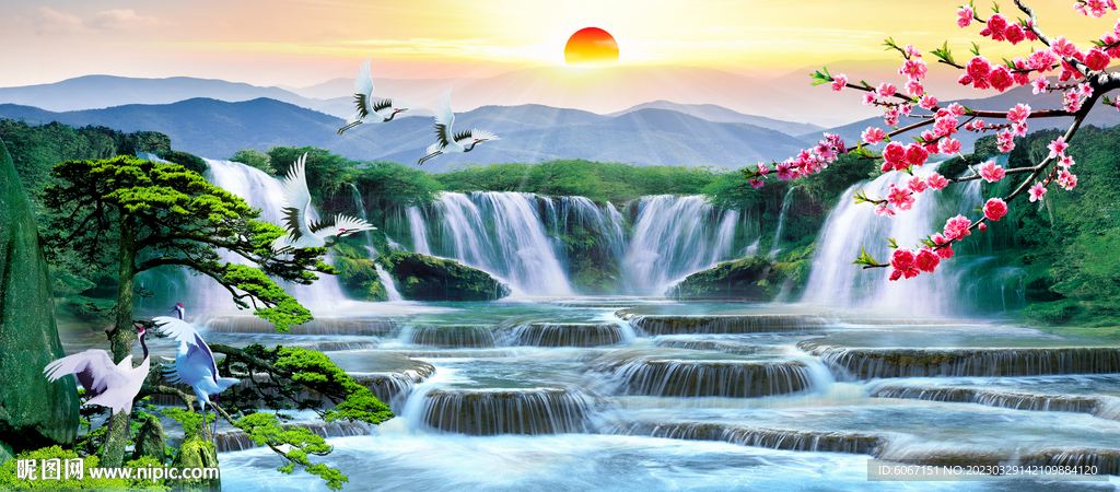 瀑布山水风景画