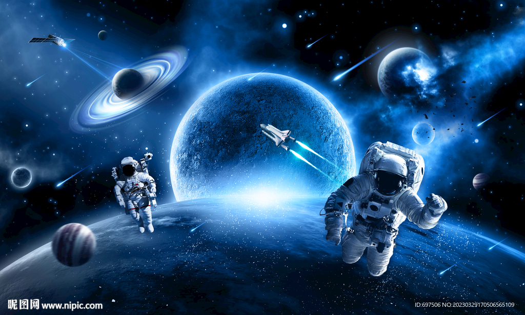 蓝色星球太空火箭宇航员宇宙背景