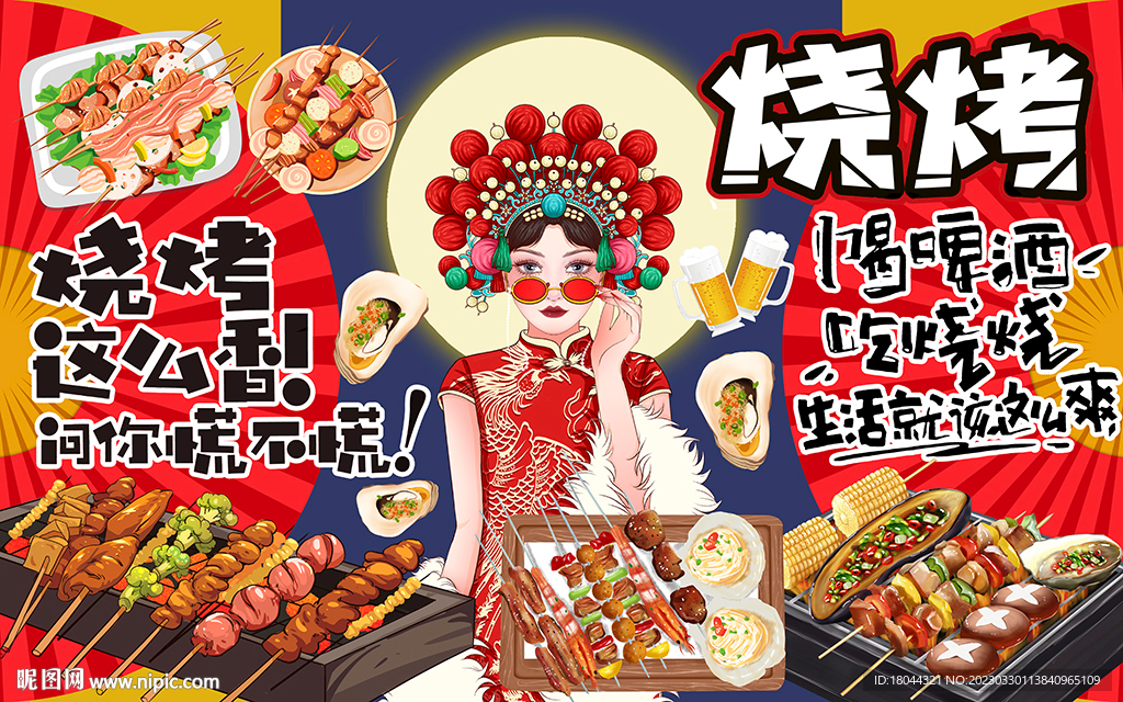国潮风烧烤美食工装背景墙
