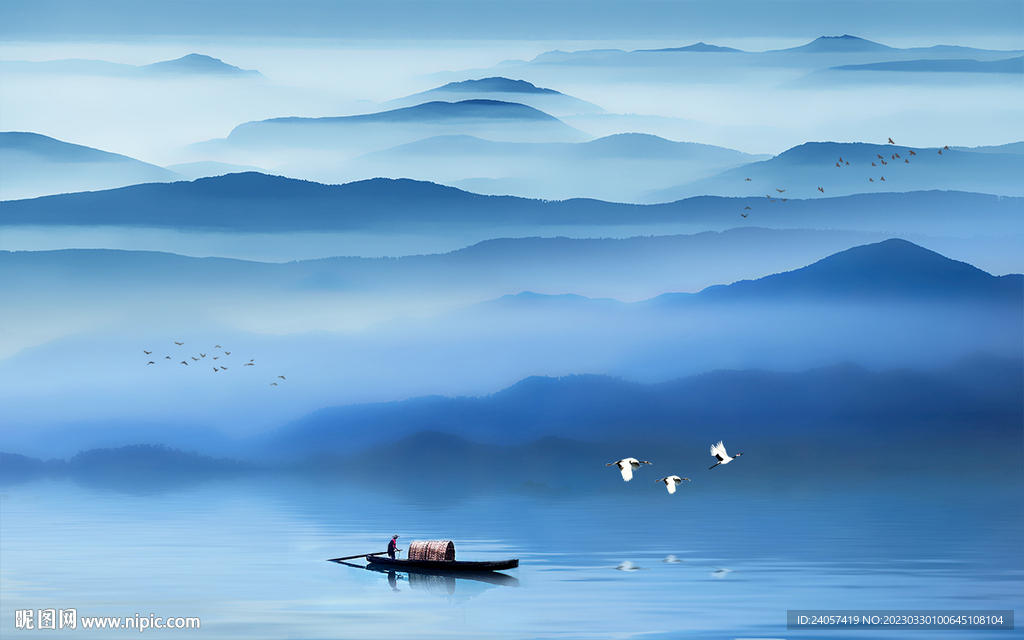 空灵意境山水风景蓝色写意背景墙