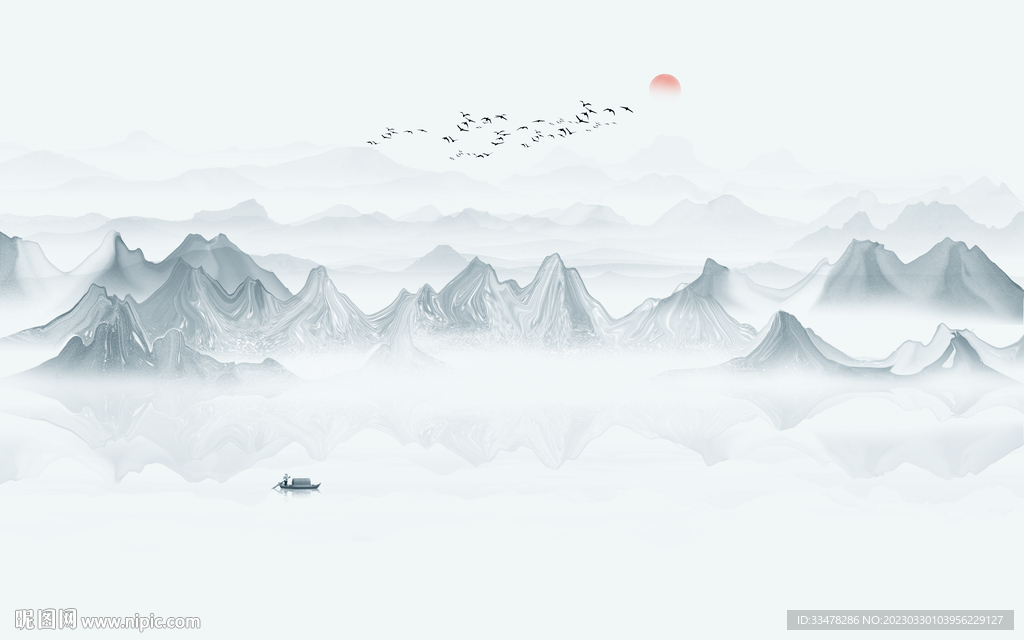 中式水墨山水画电视背景墙