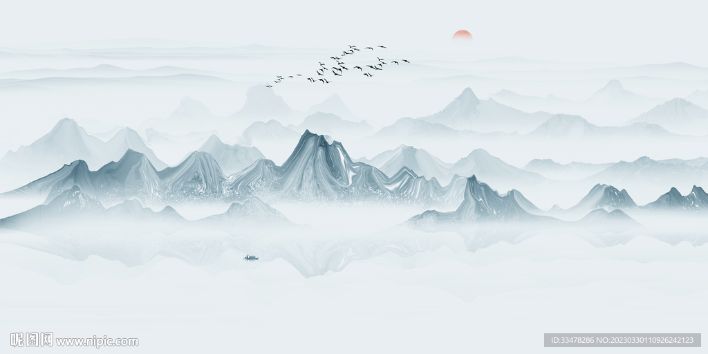 中式床头水墨山水画背景墙