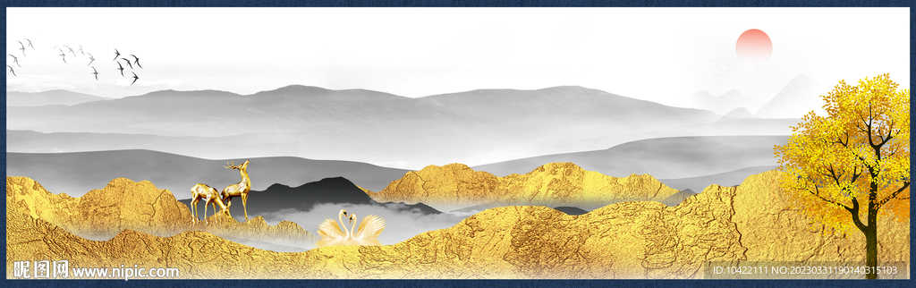 水墨山水装饰画金色客厅水墨