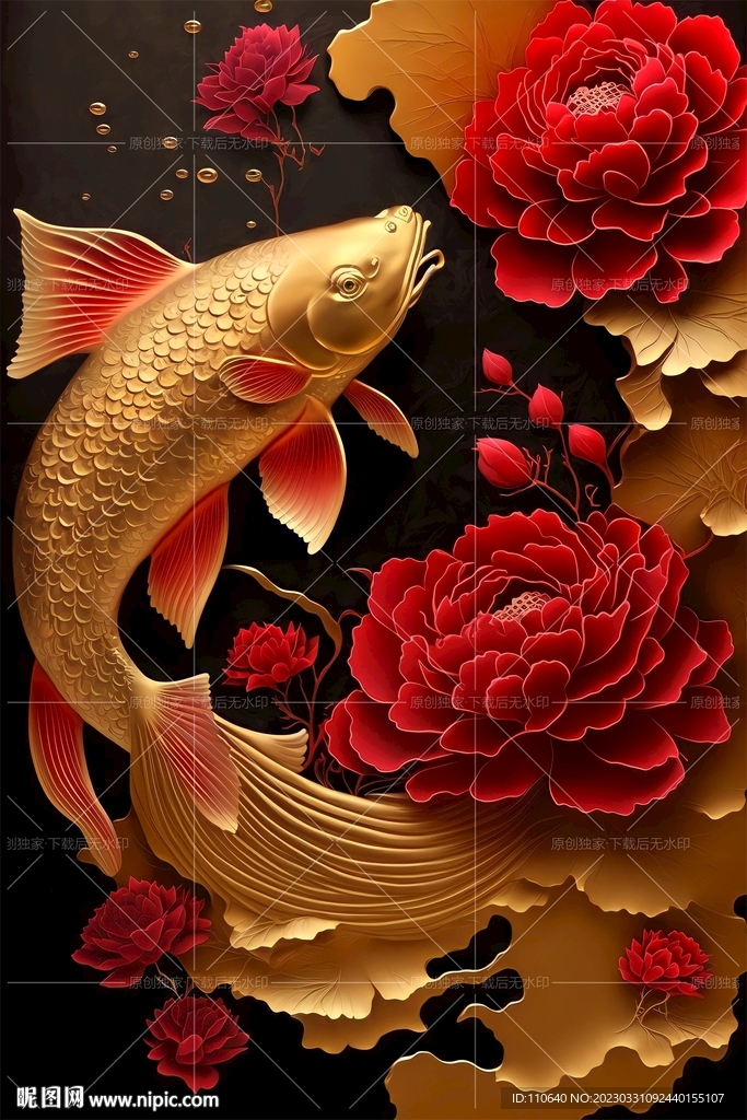 锦鲤牡丹花
