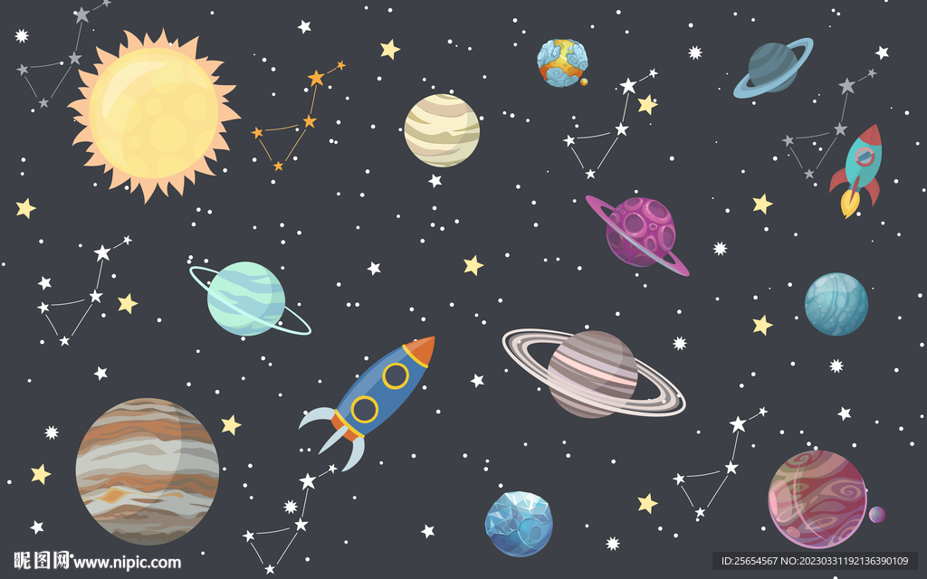宇宙航天儿童房背景墙壁画