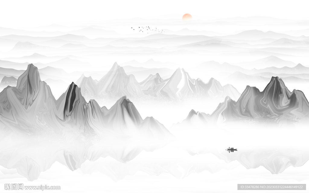 意境水墨山水画背景墙