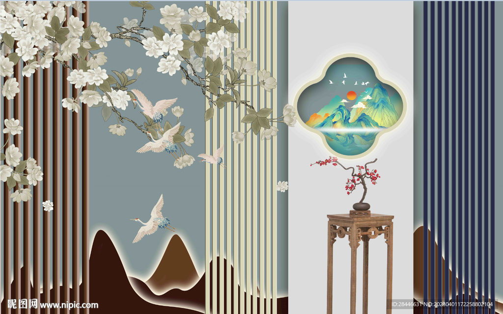 新中式背景墙设计图__PSD分层素材_PSD分层素材_设计图库_昵图网nipic.com