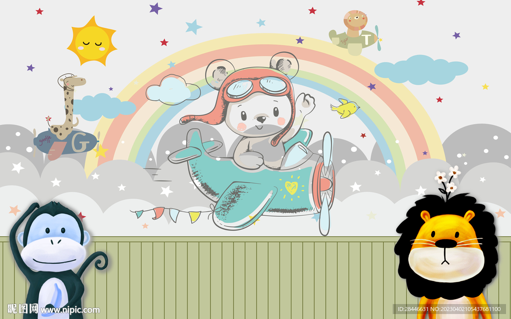 卡通儿童房背景墙 