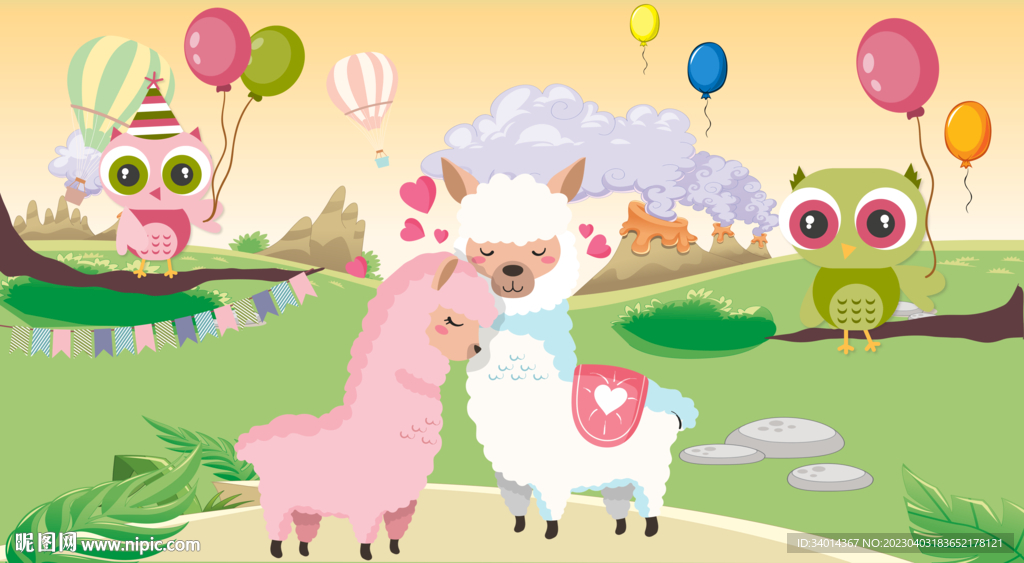 卡通羊驼儿童房背景墙