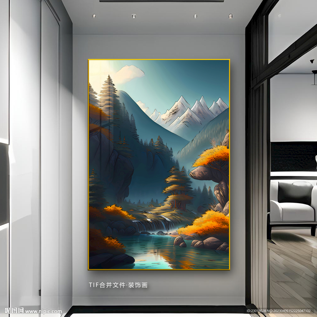 玄关发财树山水画