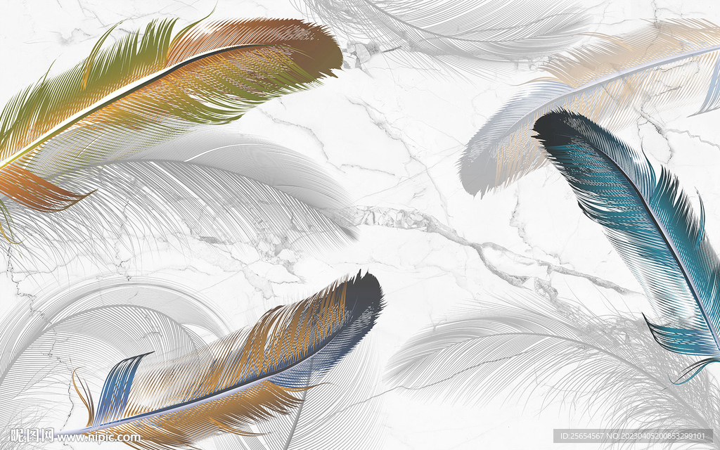 轻奢大理石彩色羽毛背景墙