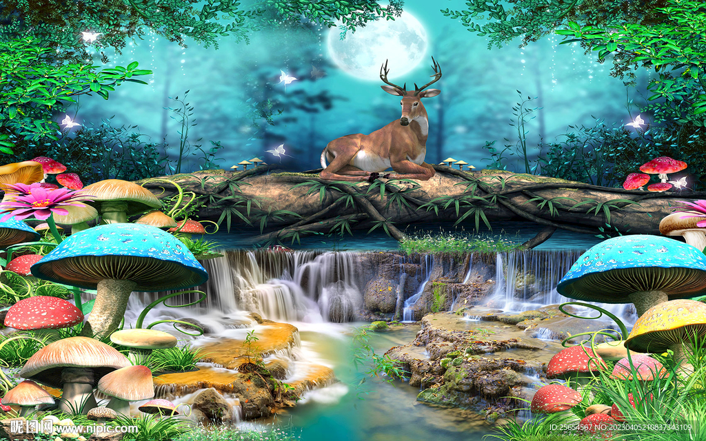 梦幻森林流水生财背景墙