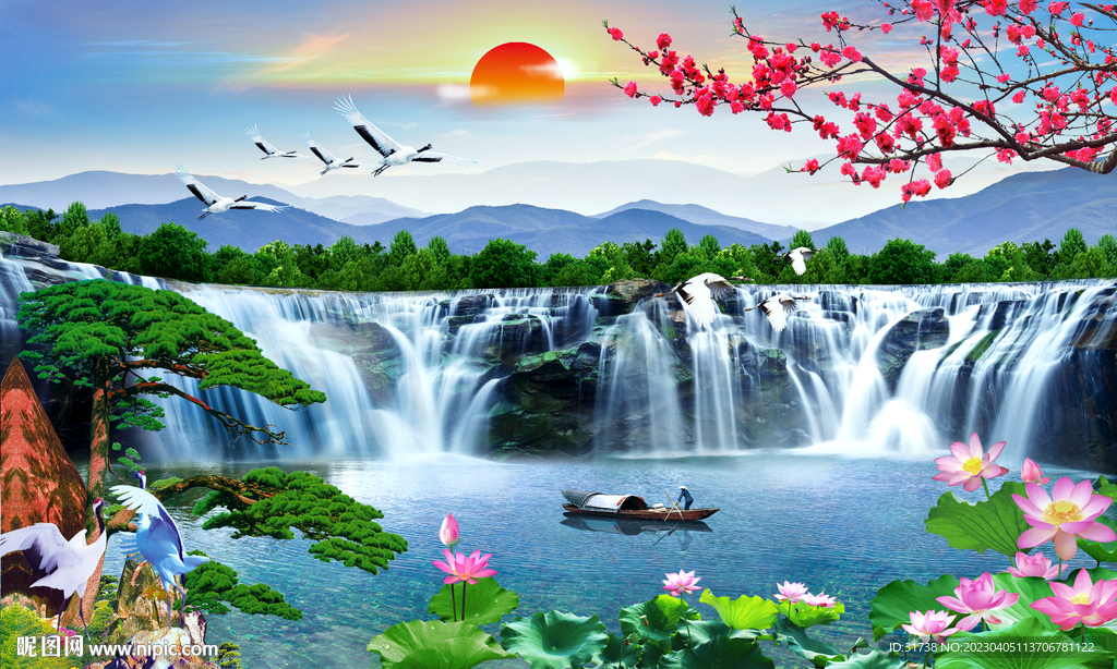 迎客松瀑布山水画