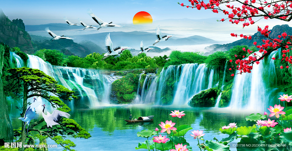 迎客松瀑布山水画