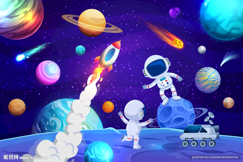 卡通太空星球宇航员火箭星空背景