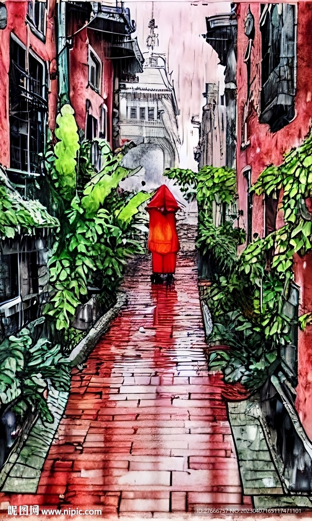 手绘水彩风格雨中城市景观建筑