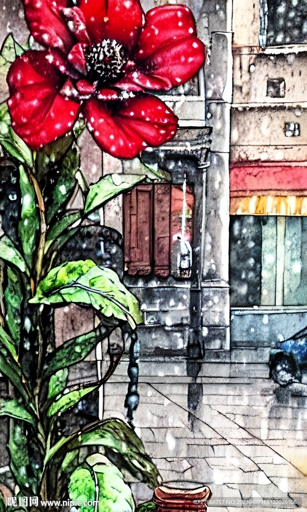 手绘水彩风格雨中城市景观建筑