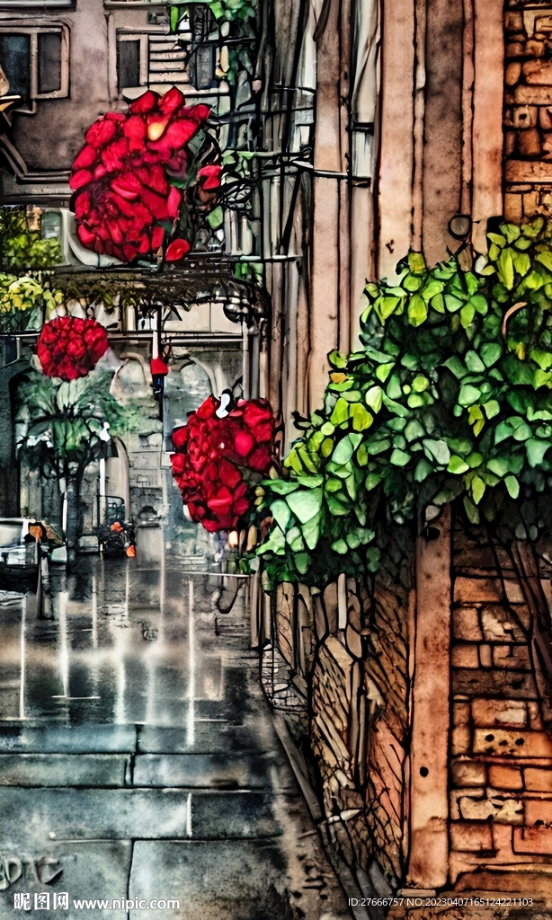 手绘水彩风格雨中城市景观建筑