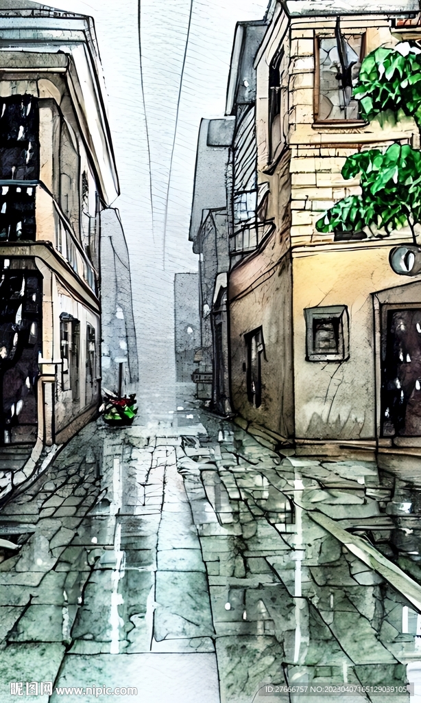 手绘水彩风格雨中城市景观建筑