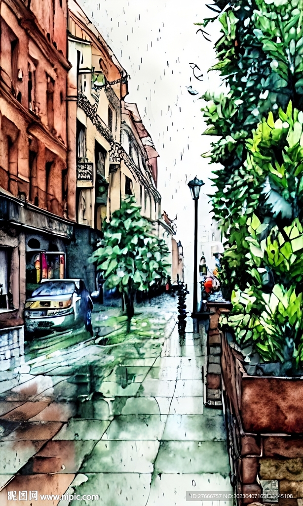 手绘水彩风格雨中城市景观建筑