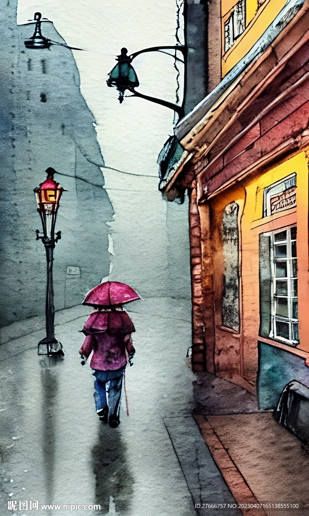 雨中城市 手绘 水彩 艺术绘画