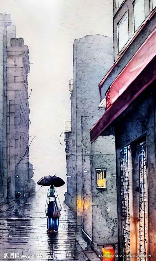 手绘水彩风格雨中城市景观建筑